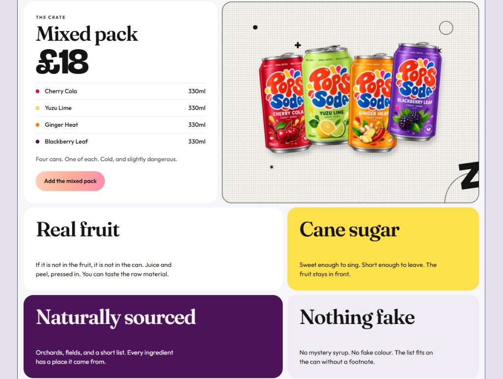 Pops Soda mixed pack, with the four cans and ingredient notes